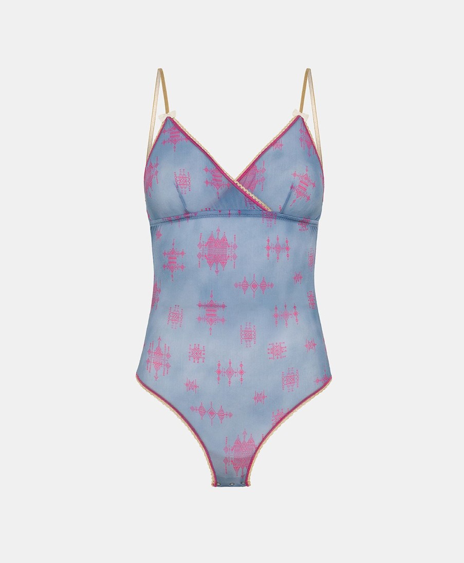 Underwear Momoni | Tore Body In Printed Nylon - Cornflower Blue/Fuchsia