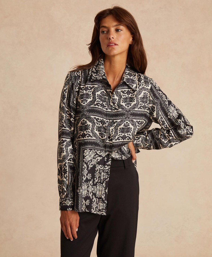 Clothing Momoni | Arles Shirt In Printed Silk Twill - Black/Optical White