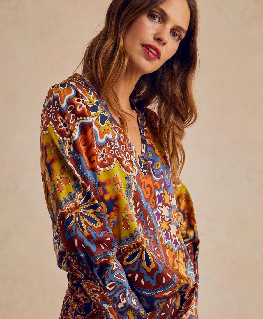 Clothing Momoni | Morgan Blouse In Printed Stretch Satin - Brown/Orange