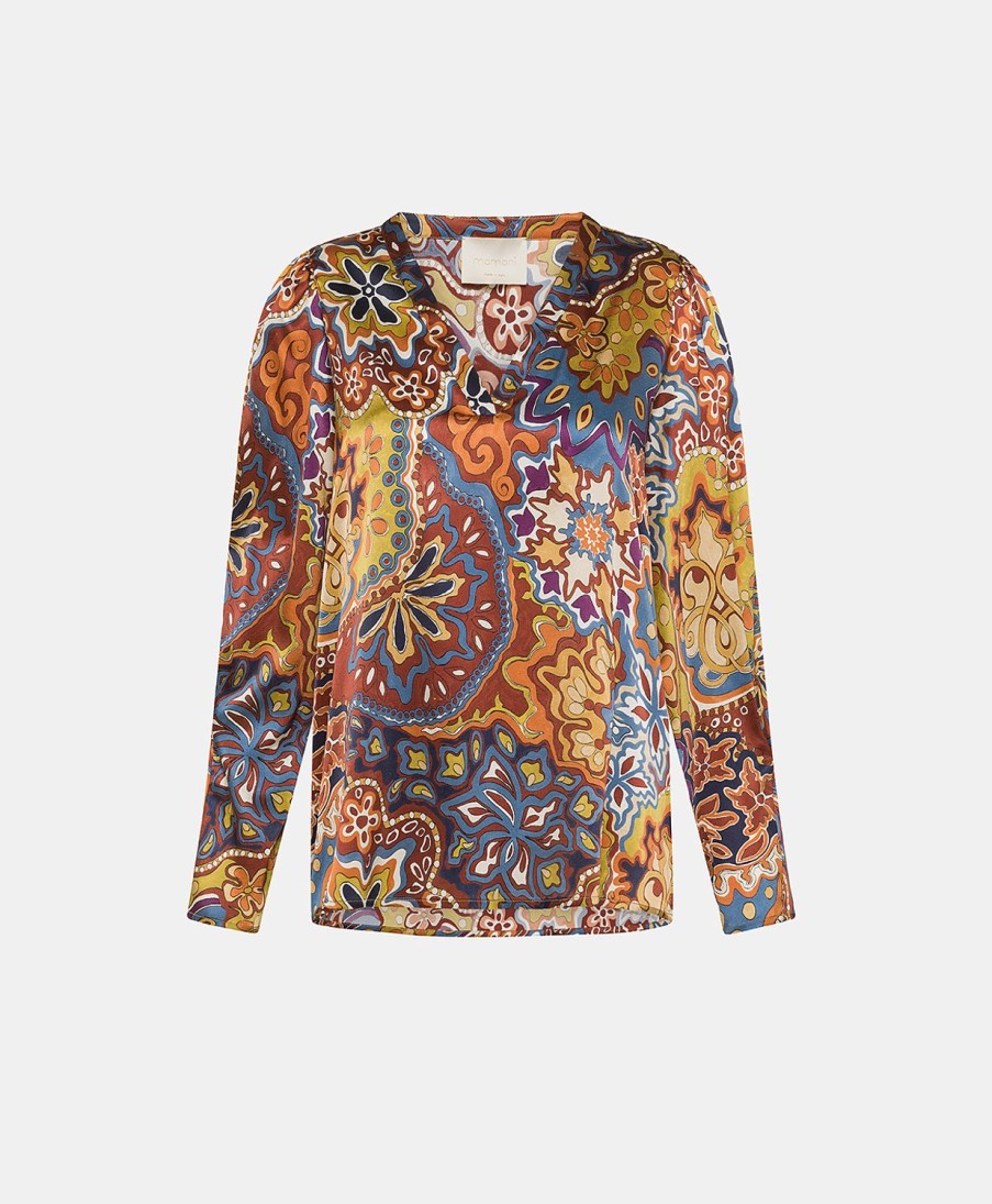 Clothing Momoni | Morgan Blouse In Printed Stretch Satin - Brown/Orange