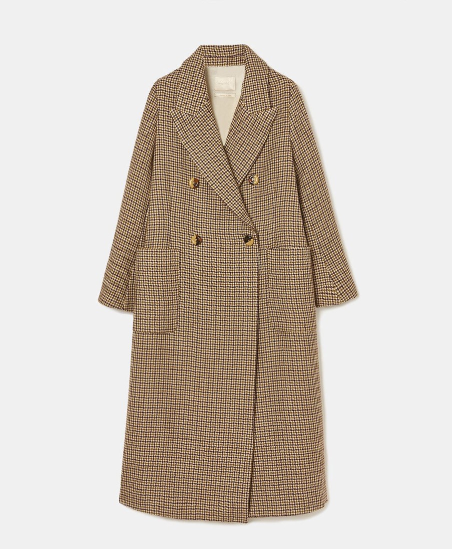 Clothing Momoni | Faroe Coat In Houndstooth Double-Face Cloth - Cream/Khaki