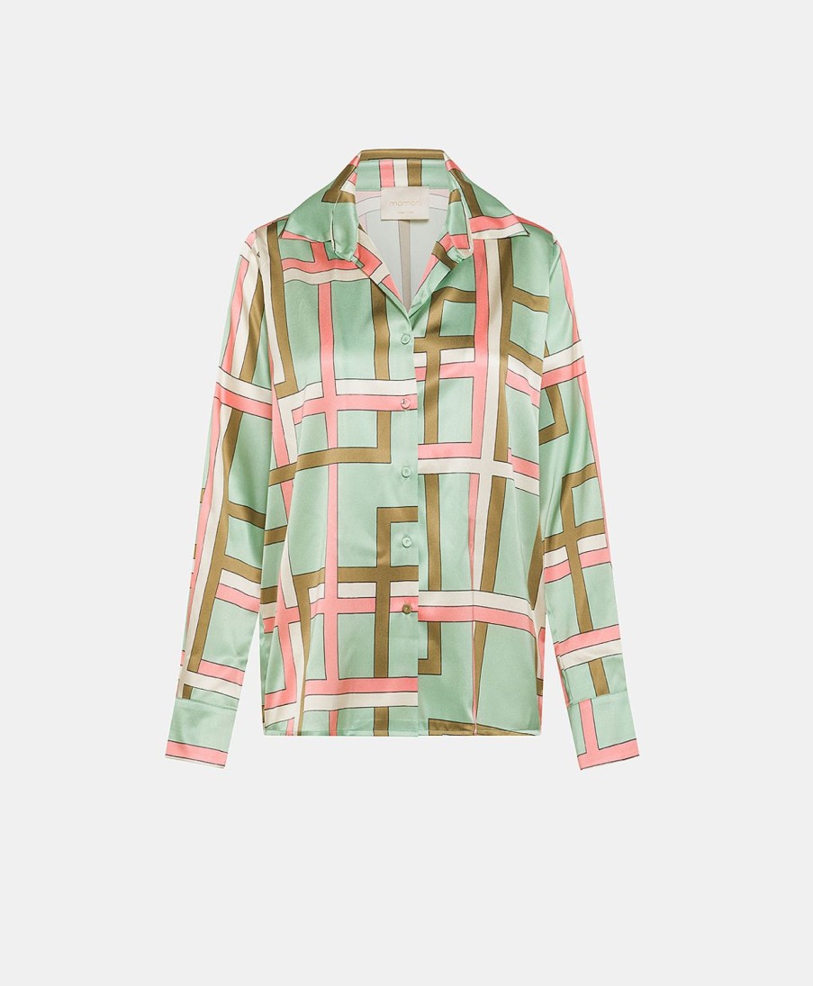 Clothing Momoni | Simon Shirt In Printed Stretch Satin - Acquamarina/Pink