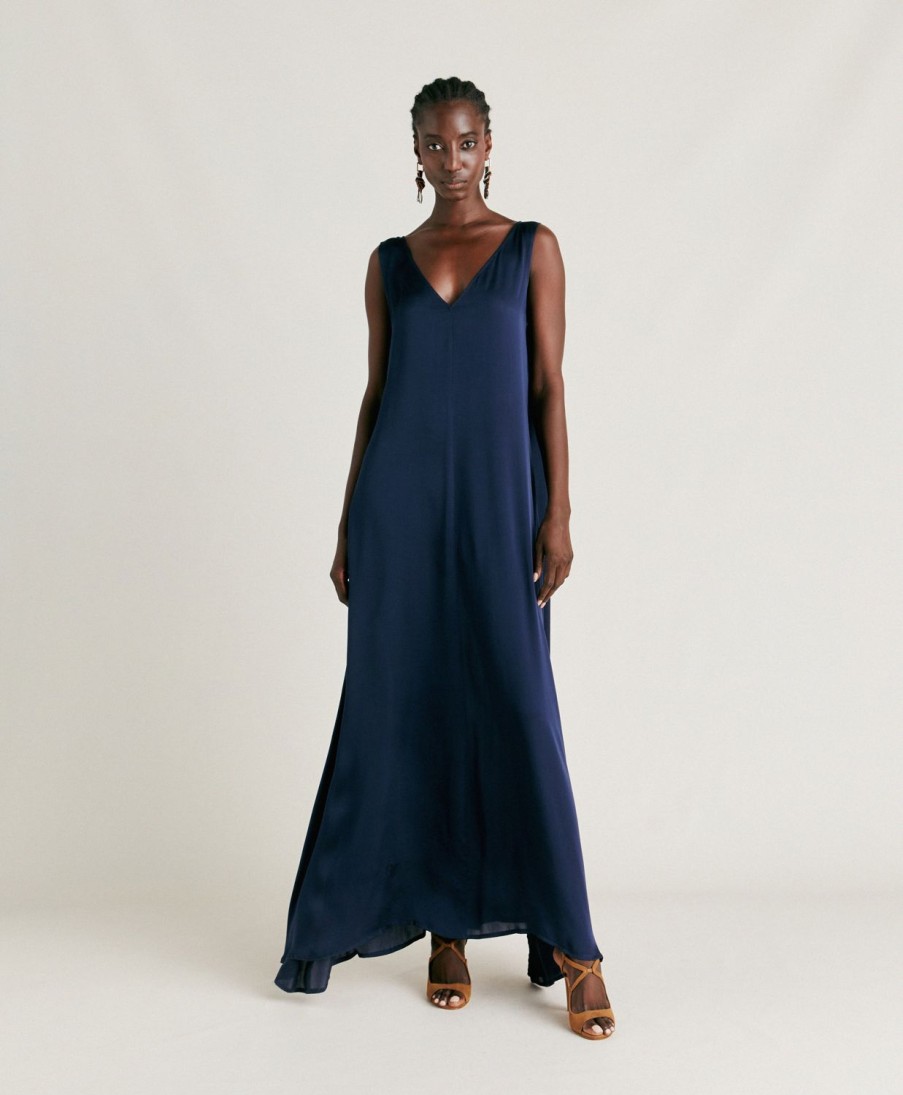 Clothing Momoni | Helena Dress In Plain Silk - Dark Blue