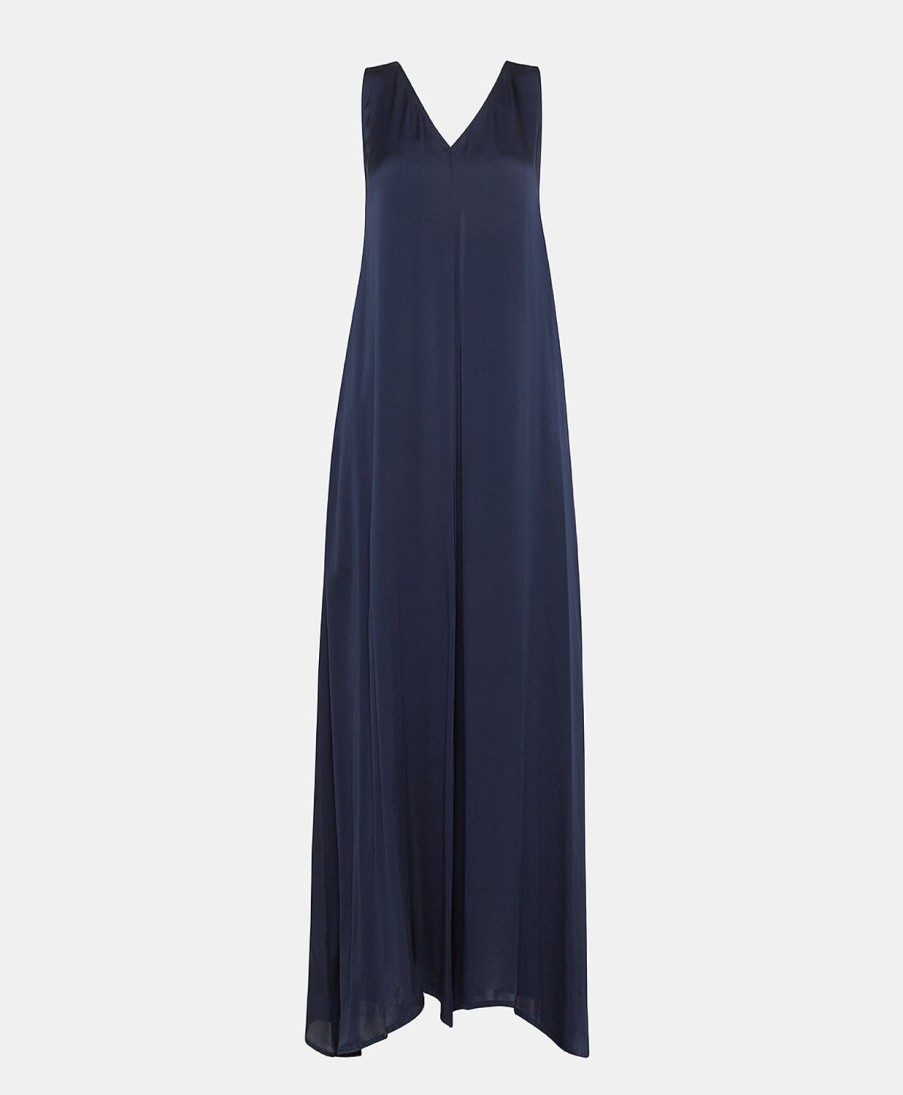 Clothing Momoni | Helena Dress In Plain Silk - Dark Blue