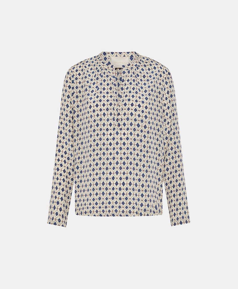 Clothing Momoni | Hector Blouse In Printed Crepe De Chine - Cream/Blue