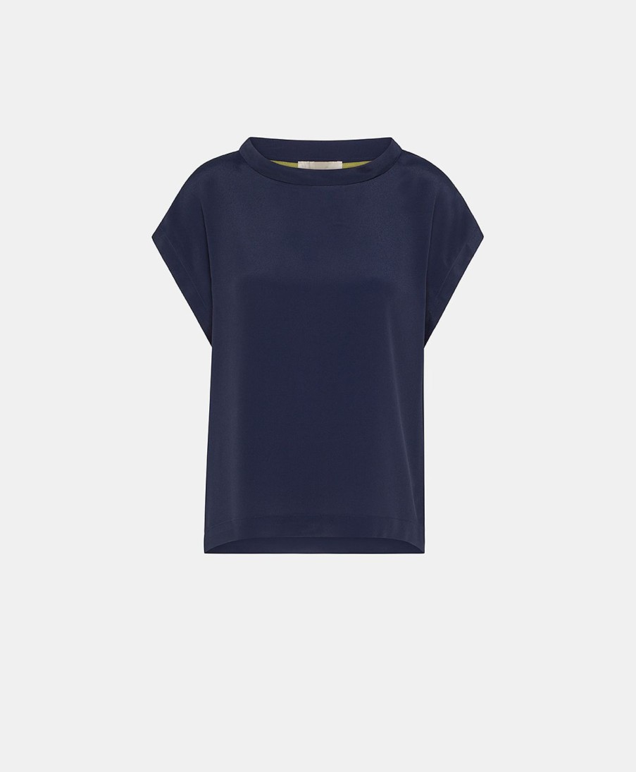 Clothing Momoni | Curacao Blouse In Plain Acetate Silk - Dark Blue