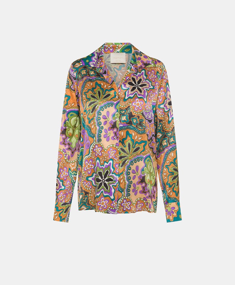 Clothing Momoni | Simon Shirt In Printed Stretch Satin - Lilac/Green