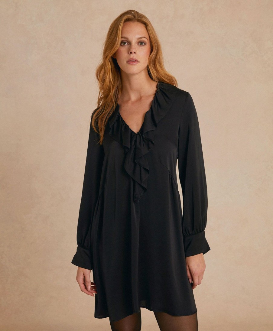 Clothing Momoni | Rene' Dress In Solid Colour Satin Crepe - Black