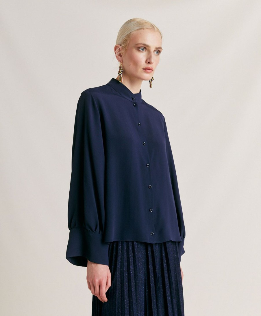 Clothing Momoni | Franklin Shirt In Plain Acetate Silk - Dark Blue