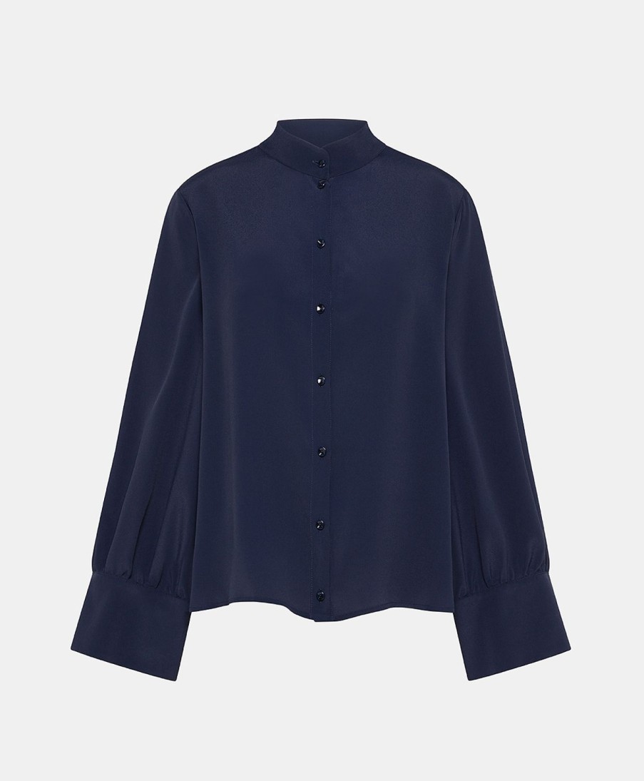 Clothing Momoni | Franklin Shirt In Plain Acetate Silk - Dark Blue