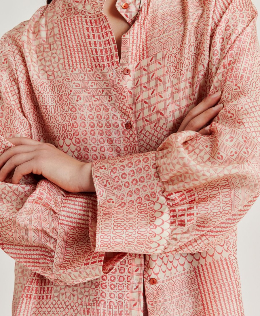 Clothing Momoni | Franklin Shirt In Haboutai Silk - Cream/Coral