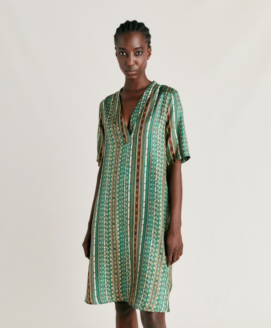 Clothing Momoni | Sarraina Dress In Silk Twill - Green/Multicolor