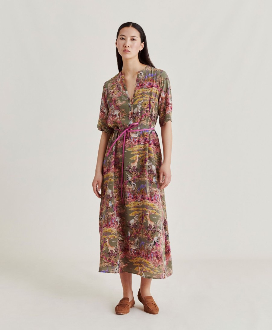 Clothing Momoni | Penelope Dress In Crepe De Chine - Olive Green Multicolour