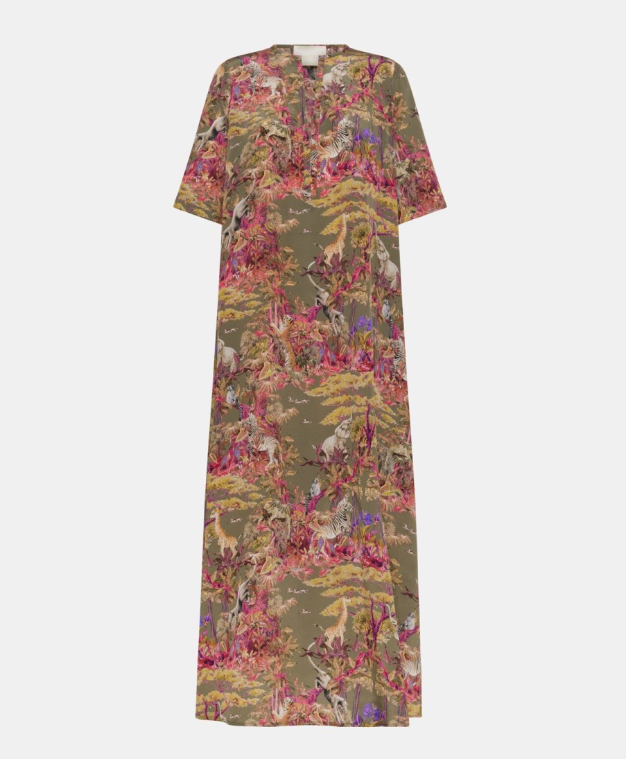 Clothing Momoni | Penelope Dress In Crepe De Chine - Olive Green Multicolour