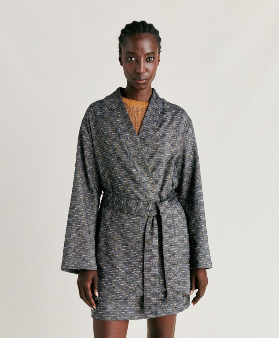 Clothing Momoni | Eugenie Jacket In Basketweave With Gold Fil Coupe - Blue/Gold