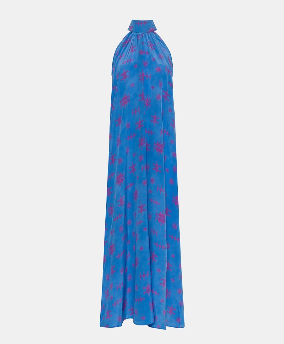 Clothing Momoni | Sabina Dress In Crepe De Chine - Cornflower Blue/Fuchsia