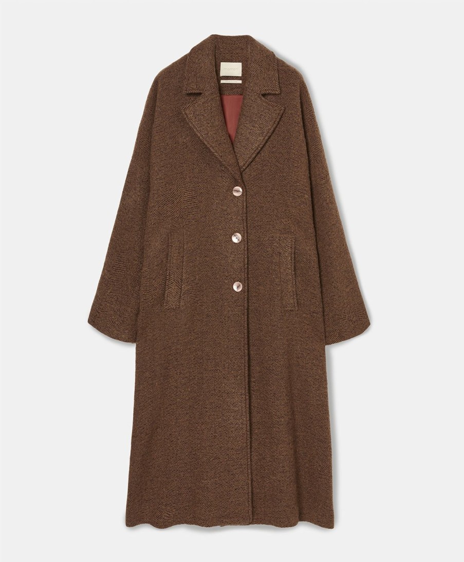 Clothing Momoni | Danimarca Coat In Chevron Wool - Beige/Chocolate Brown