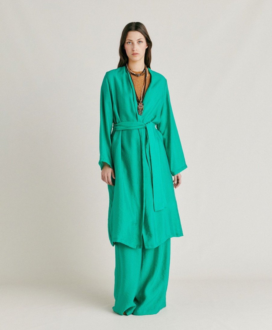 Clothing Momoni | Serena Coat In Jacquard Cupro - Emerald Green