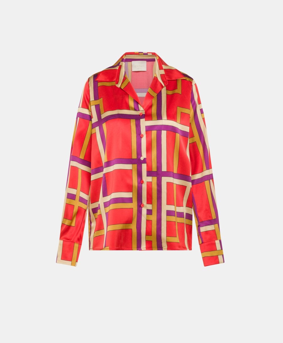 Clothing Momoni | Simon Shirt In Printed Stretch Satin - Red/Purple