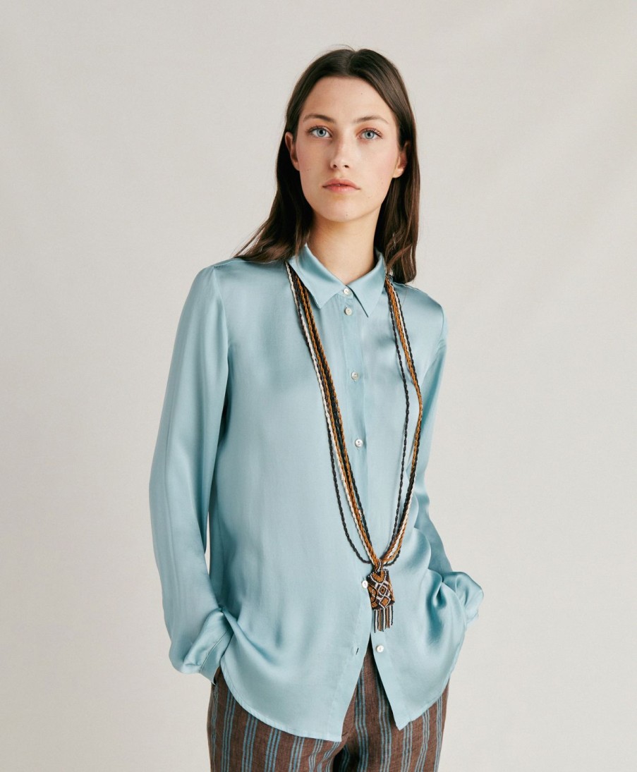 Clothing Momoni | Meudon Shirt In Plain Silk - Cerulean