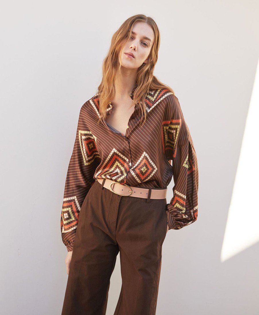 Clothing Momoni | Salice Shirt In Printed Stretch Silk Satin - Brown/Orange