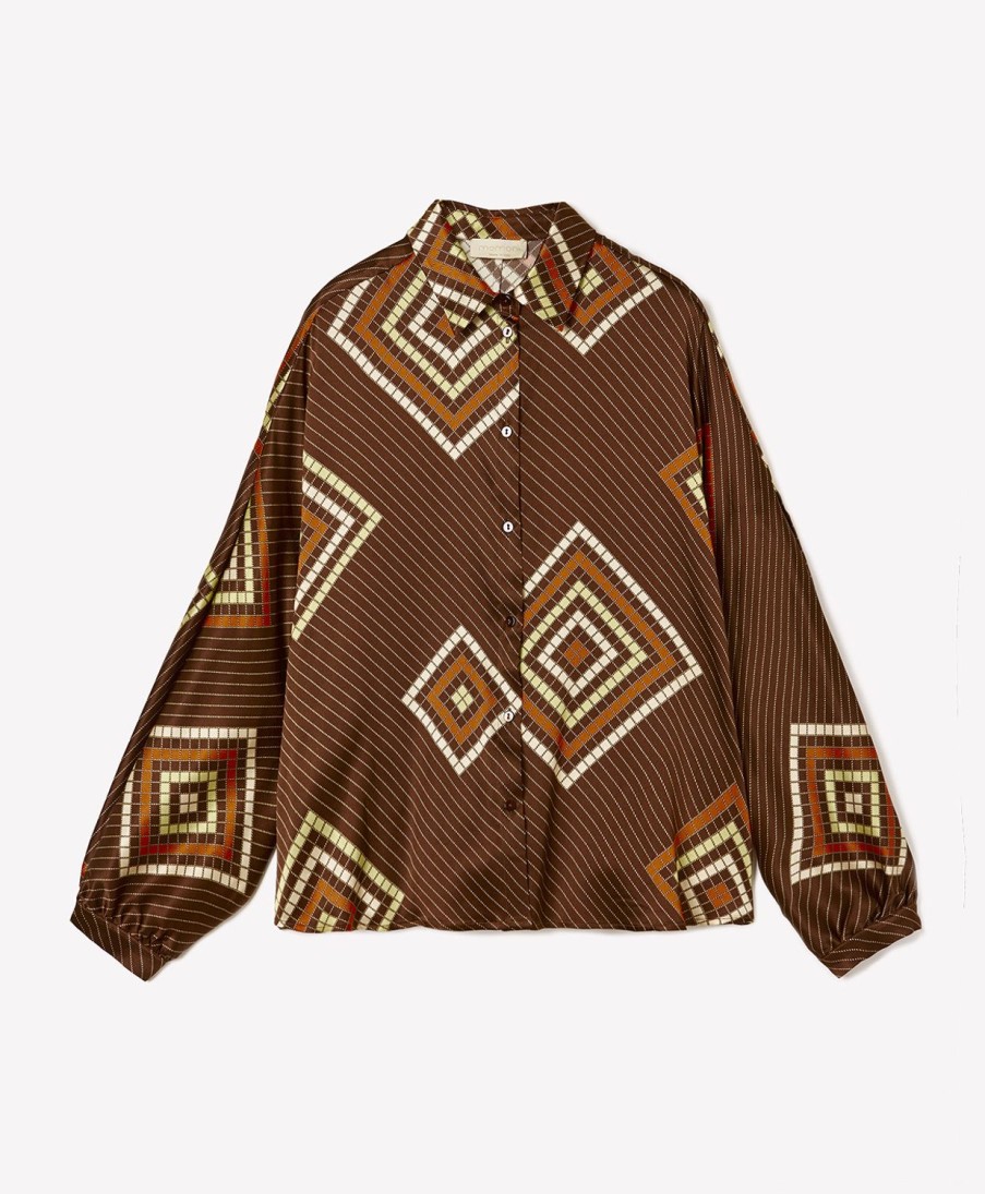 Clothing Momoni | Salice Shirt In Printed Stretch Silk Satin - Brown/Orange