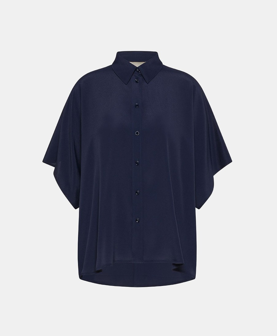 Clothing Momoni | Brooklyn Shirt In Plain Acetate Silk - Dark Blue