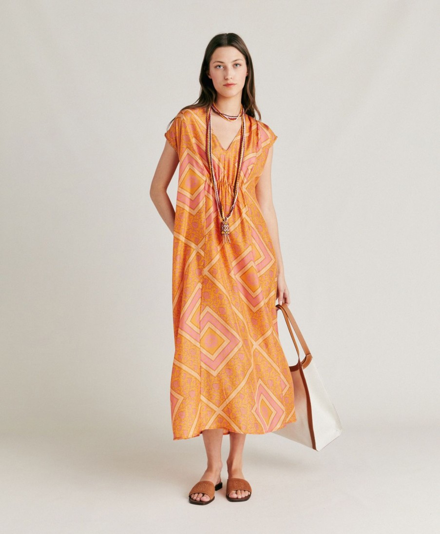 Clothing Momoni | Scilla Dress In Haboutai Silk - Orange/Fuchsia