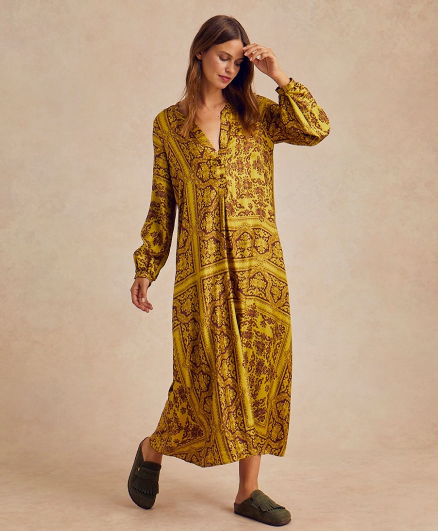 Clothing Momoni | Amede Dress In Printed Silk Twill - Lime/Brown