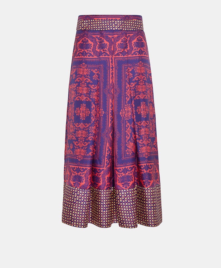 Clothing Momoni | Celestin Skirt In Bi-Printed Silk Twill - Indigo/Coral