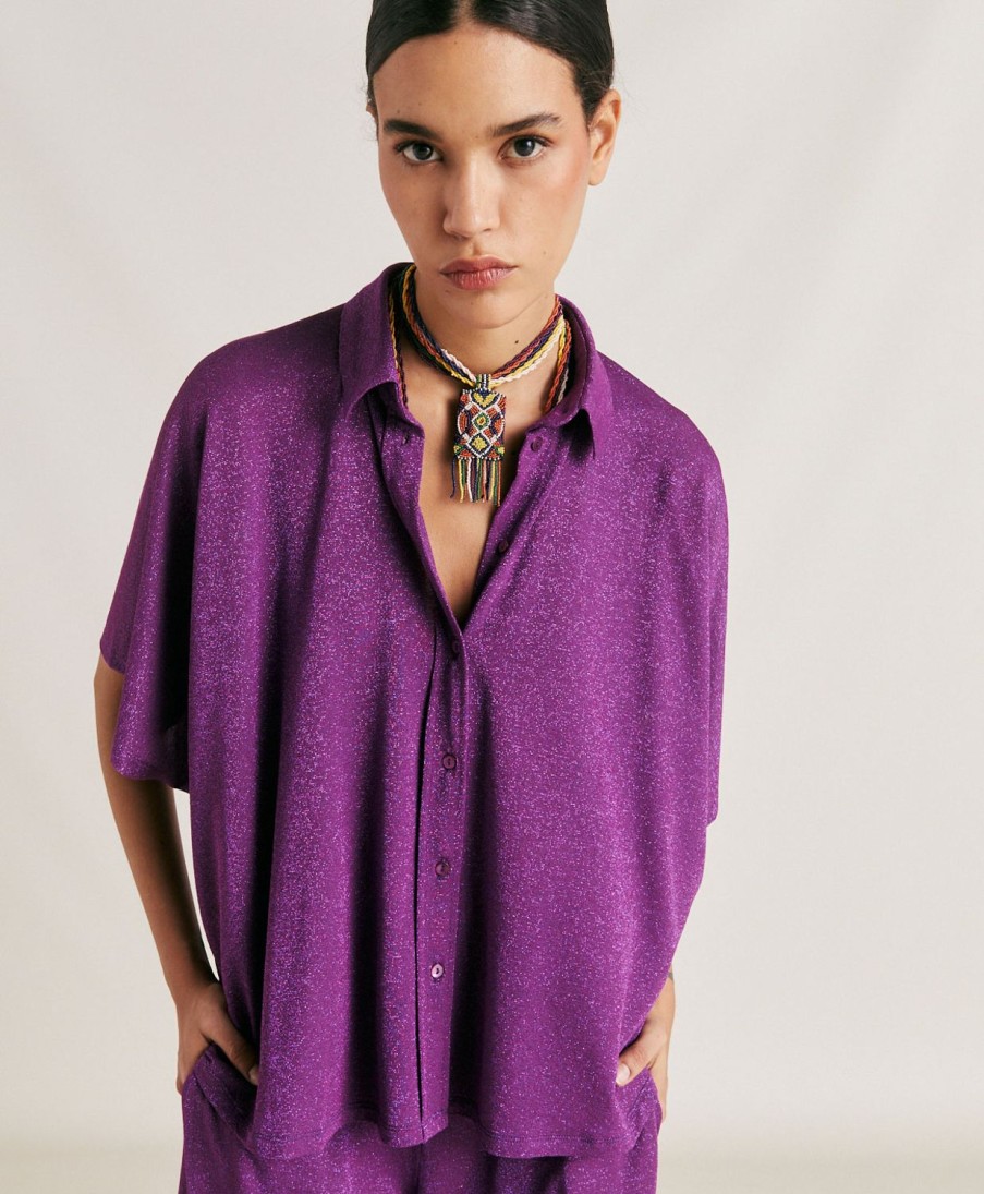 Clothing Momoni | Brooklyn Shirt In Lurex Jersey - Cyclamen