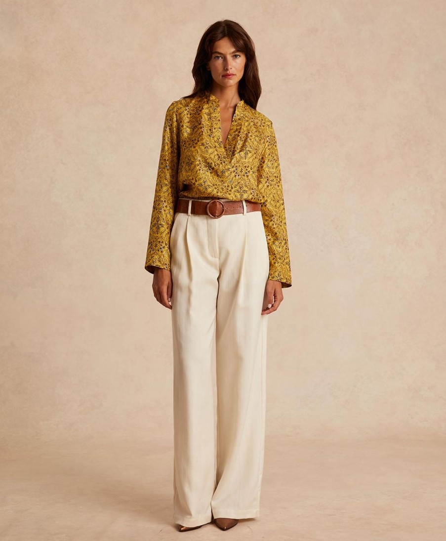 Clothing Momoni | Atlanta Blouse In Printed Silk Twill - Yellow/Tobacco