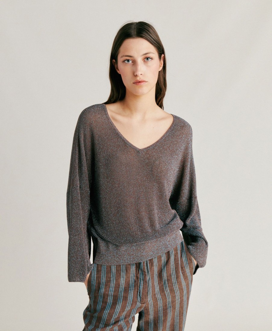 Clothing Momoni | Fresno Cardigan Lurex Ribbed - Bark