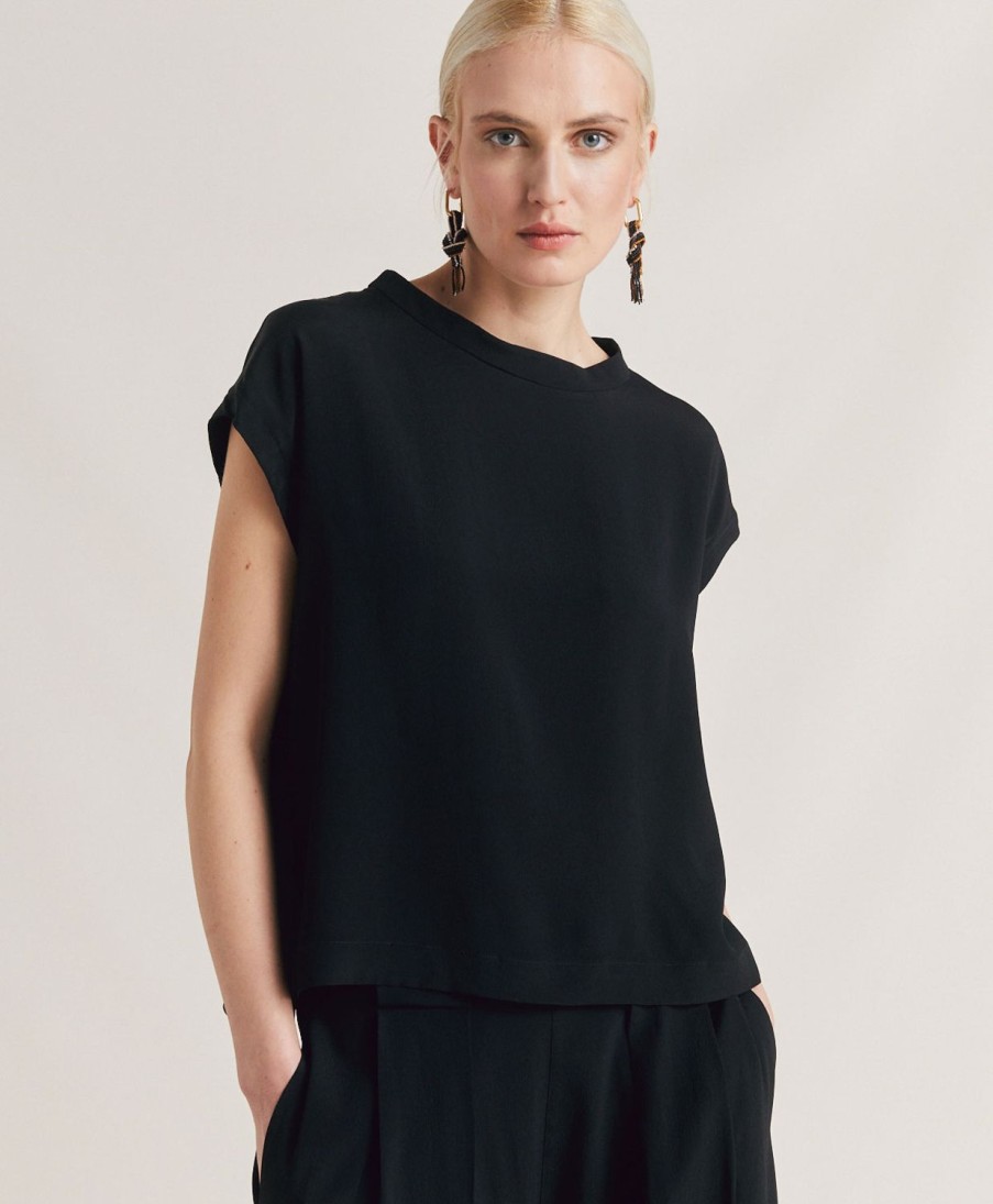 Clothing Momoni | Curacao Blouse In Plain Acetate Silk - Black