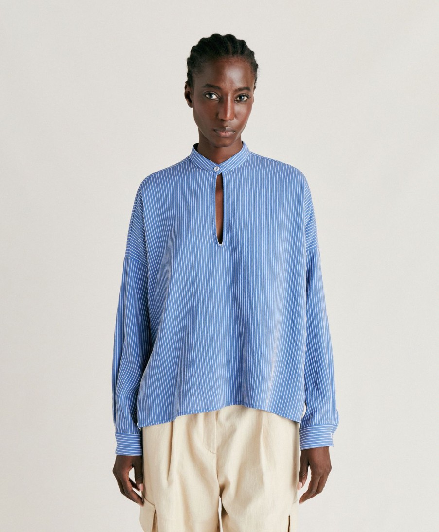 Clothing Momoni | Zoe Blouse In Multi Striped Viscose Silk - Light Blue/Cream