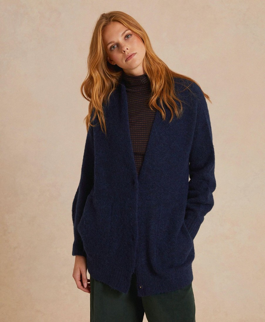 Clothing Momoni | Cardigan Chamonix Fleece-Effect Baby Alpaca - Blue