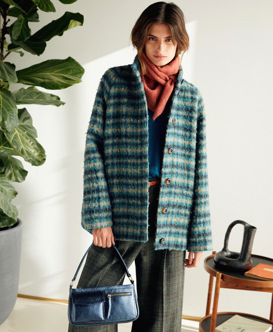 Clothing Momoni | Norvegia Coat In Check Casentino Wool - Petrol Blue