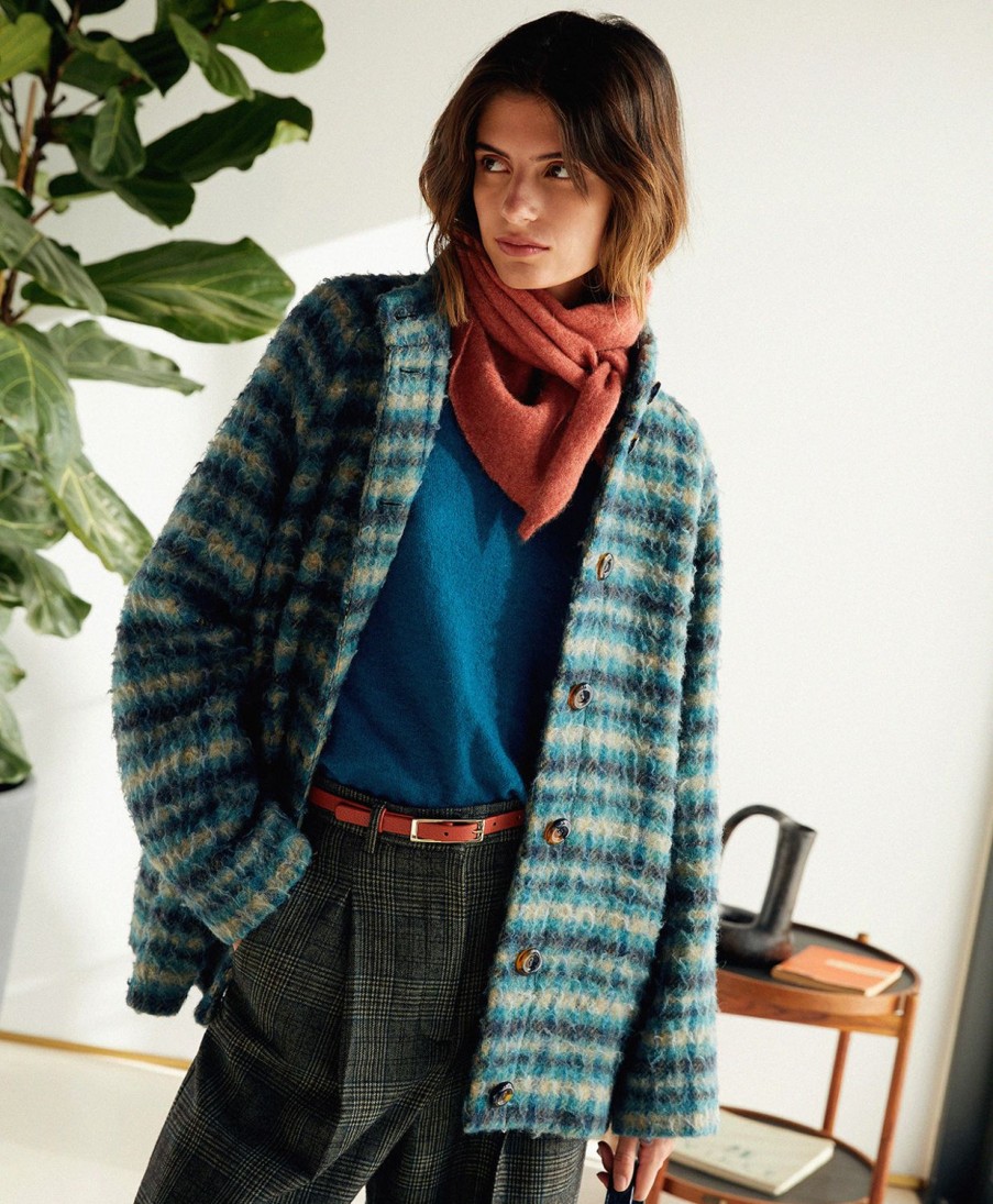 Clothing Momoni | Norvegia Coat In Check Casentino Wool - Petrol Blue