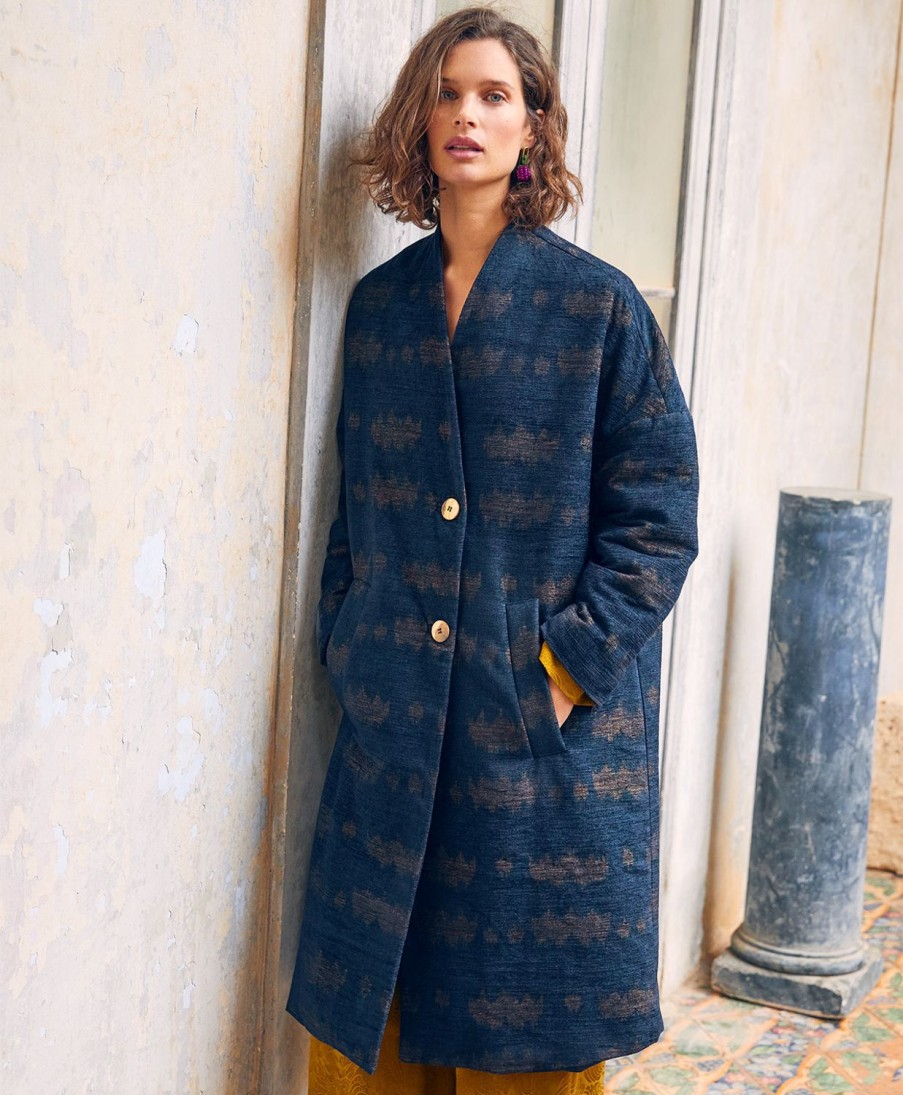 Clothing Momoni | Michel Coat In Printed Chenille Wool Blend - Night Blue