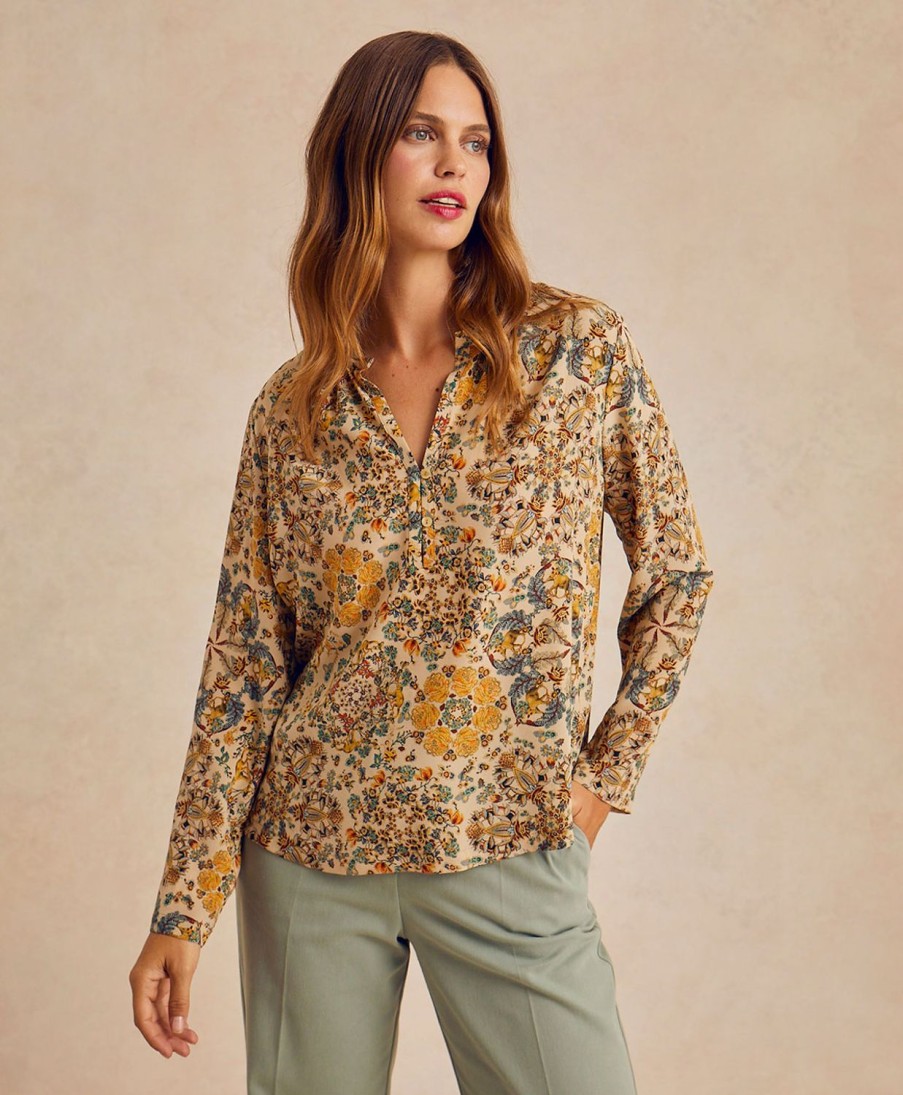 Clothing Momoni | Hector Blouse In Printed Crepe De Chine - Multicolor Beige