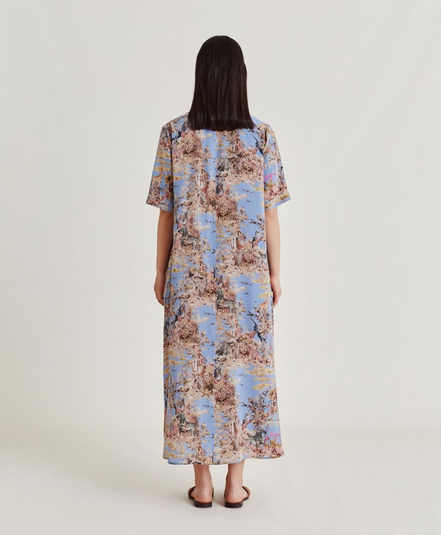 Clothing Momoni | Penelope Dress In Crepe De Chine - Cerulean Blue/Multicolour