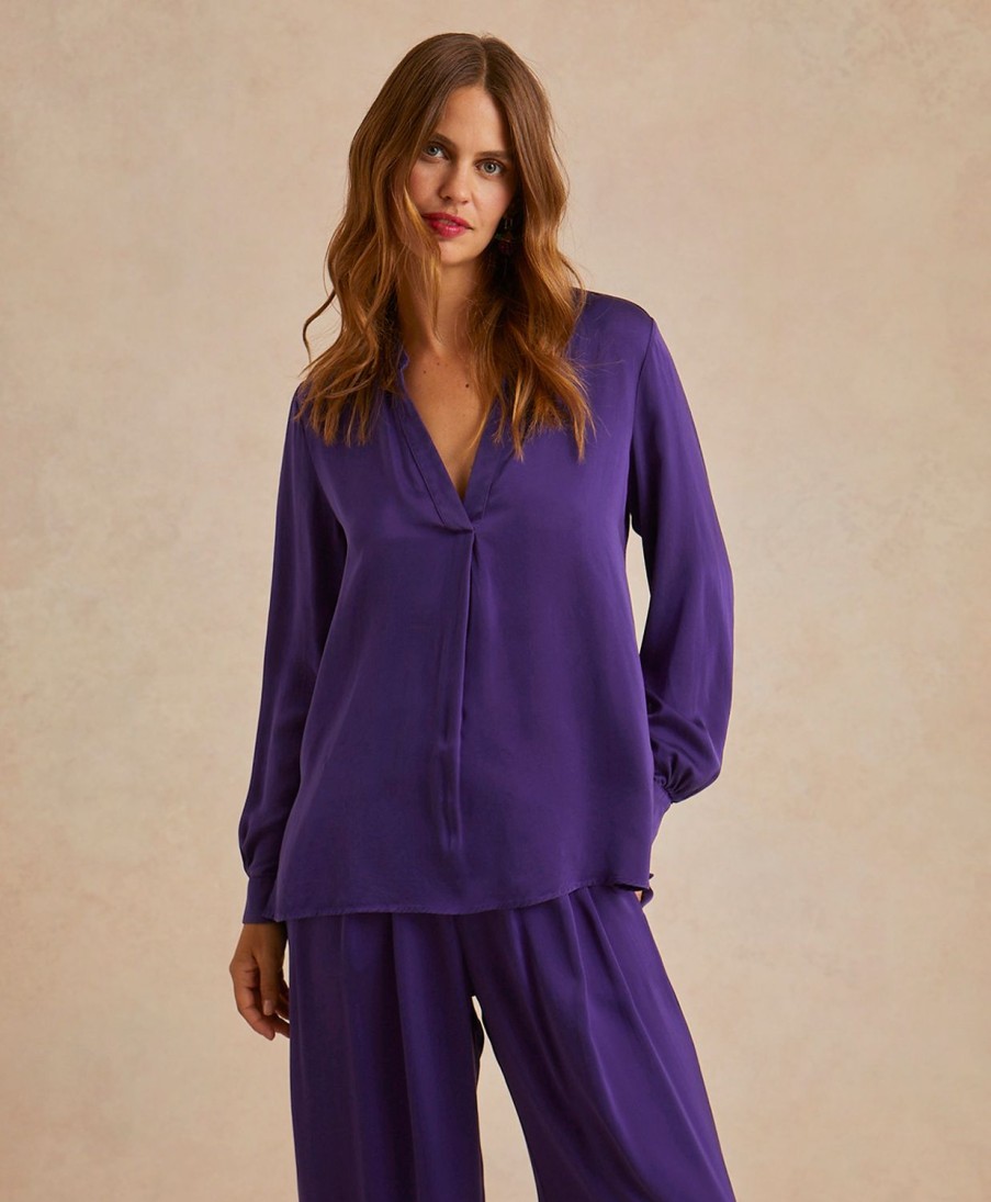 Clothing Momoni | Angelica Bis Blouse In Solid Colour Satin Crepe - Violet