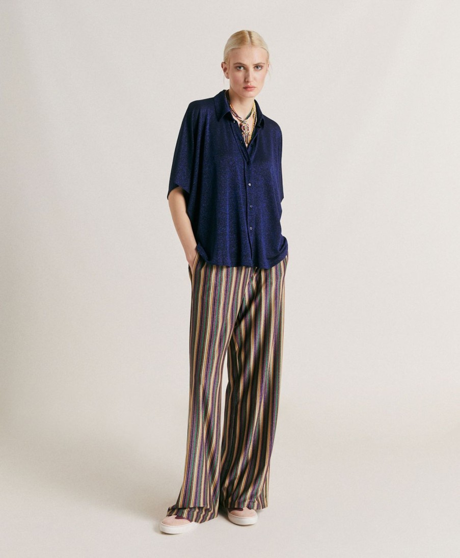 Clothing Momoni | Baccarat Pant In Striped Lurex Jersey - Multicolor Green