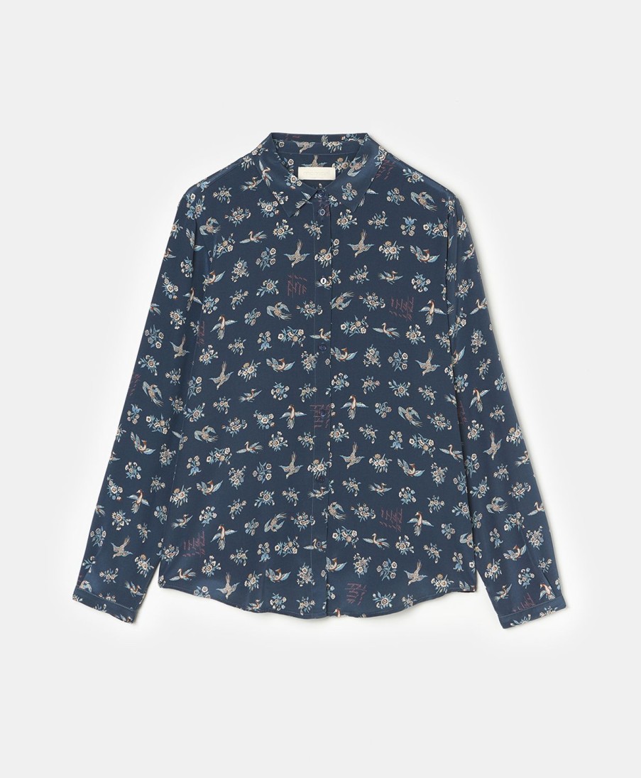 Clothing Momoni | Meudon Shirt In Printed Silk Crepe De Chine - Blue/Dusty Pink