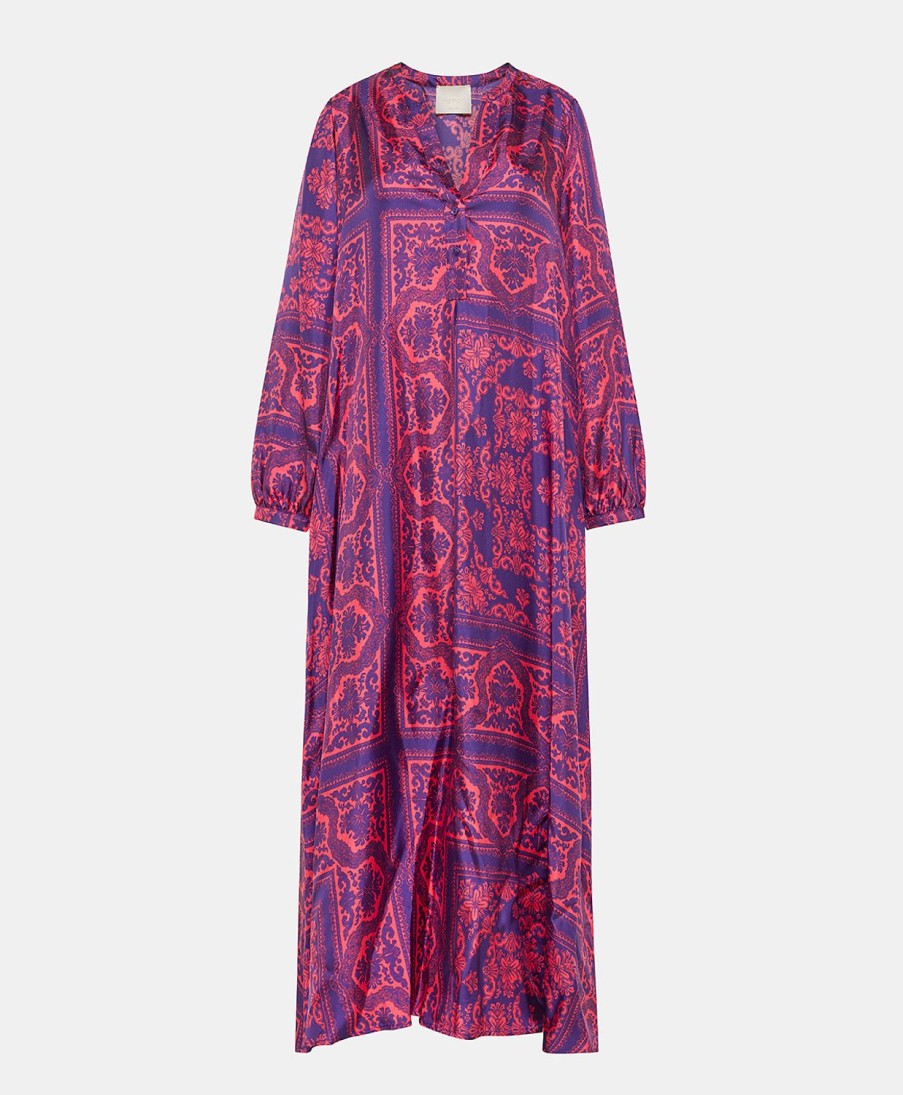 Clothing Momoni | Amede Dress In Printed Silk Twill - Indigo/Coral