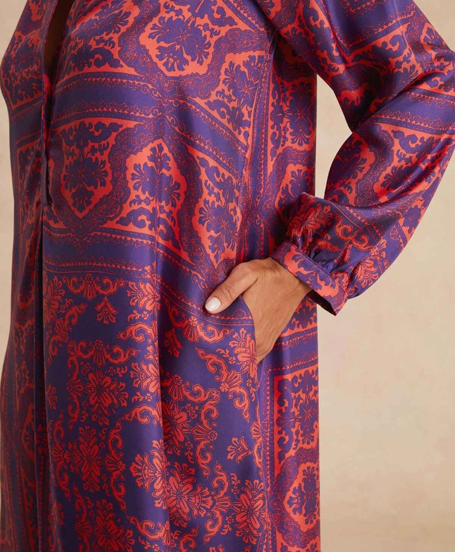 Clothing Momoni | Amede Dress In Printed Silk Twill - Indigo/Coral