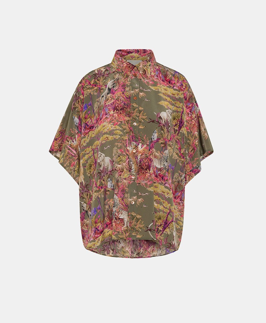 Clothing Momoni | Brooklyn Shirt In Crepe De Chine - Olive Green Multicolour