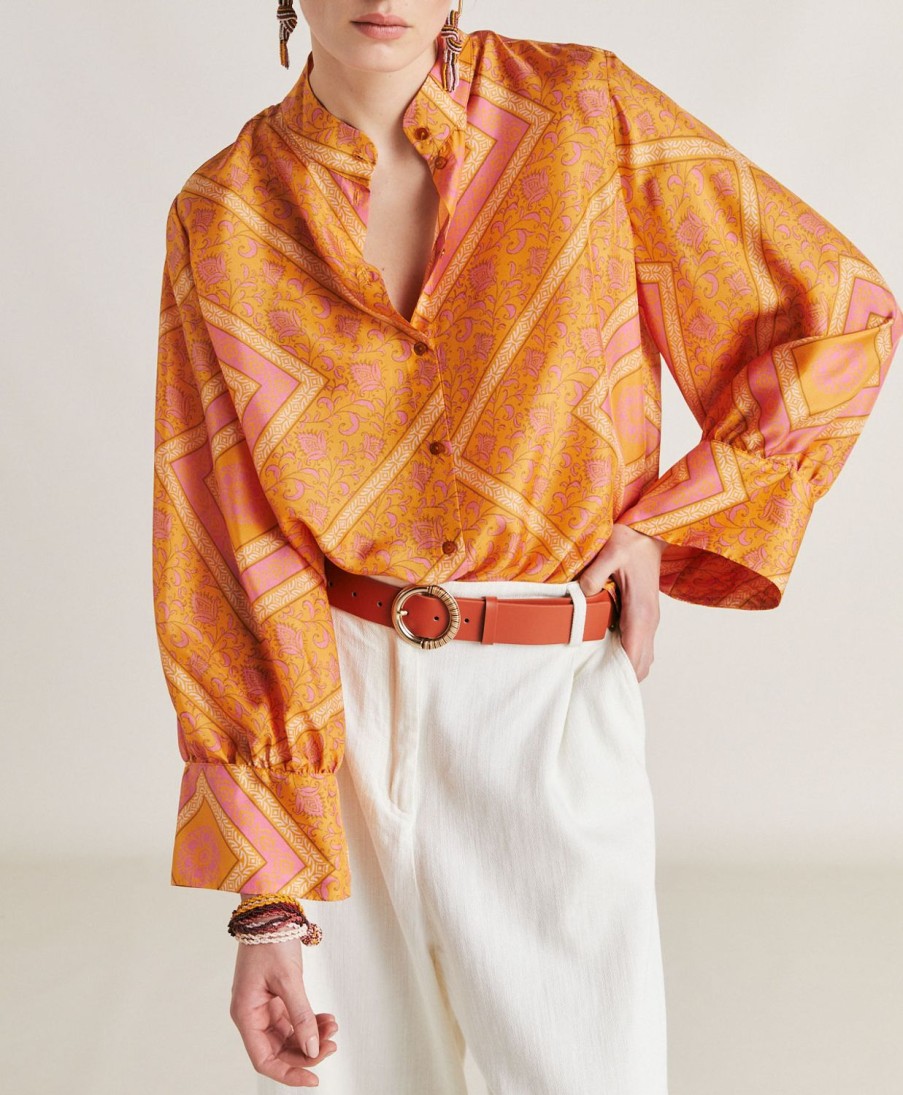 Clothing Momoni | Franklin Shirt In Haboutai Silk - Orange/Fuchsia