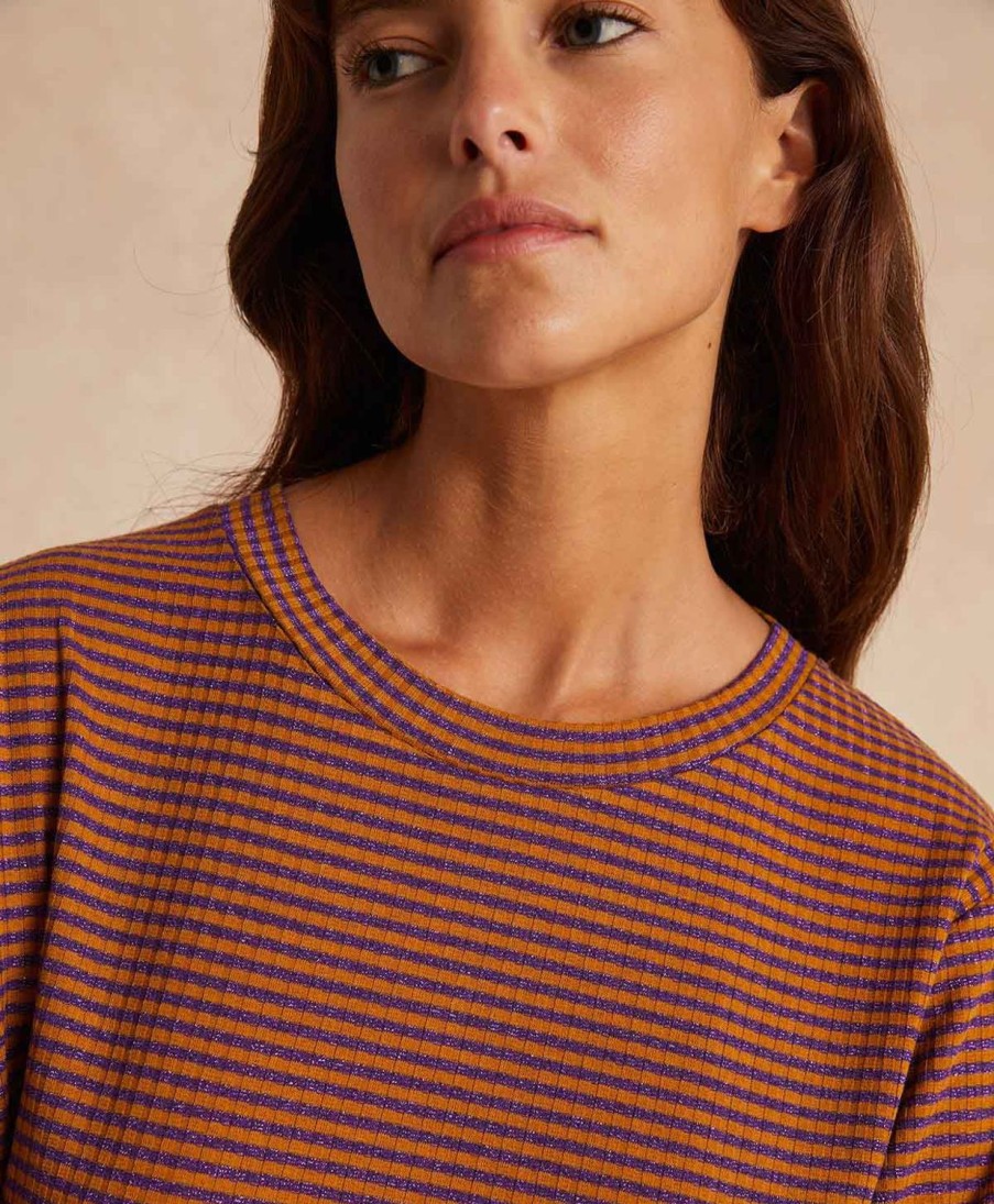 Clothing Momoni | Iora Tshirt In Lurex Rib Stripe - Curry/Violet