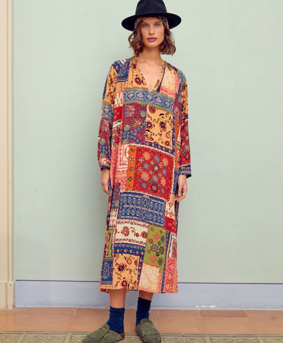 Clothing Momoni | Lela Dress In Printed Crepe De Chine - Multicolor Blue